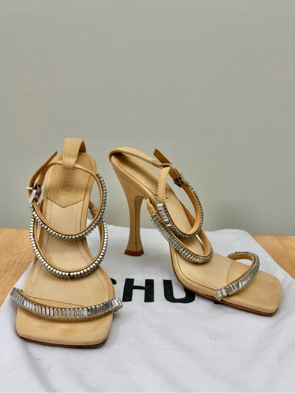 SCHUTZ Nude Strappy Heels with Silver Crystal Accents in Shoe Bag